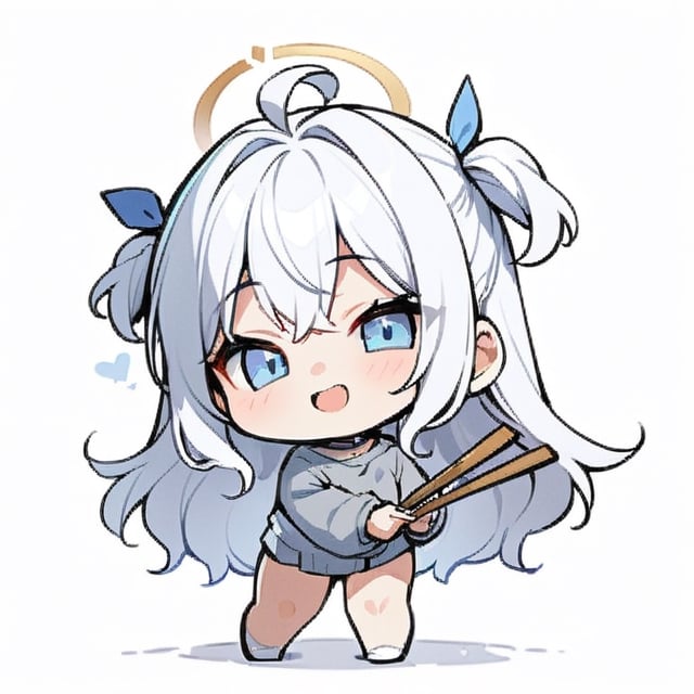  chibi, masterpiece, best quality,1girl, angel, (white hair), long curly hair, (two side up),blue eyes, (two blue ribbons on her hair), ((Double golden halo on her head)), choker, ((angel wings)), ahoge, full body, cute smile, best smile, open mouth, Wearing grey Hooded T-shirt, long sleeves, pleated skirt, (holding a pair of huge chopsticks), ,masterpiece,simple background, ,