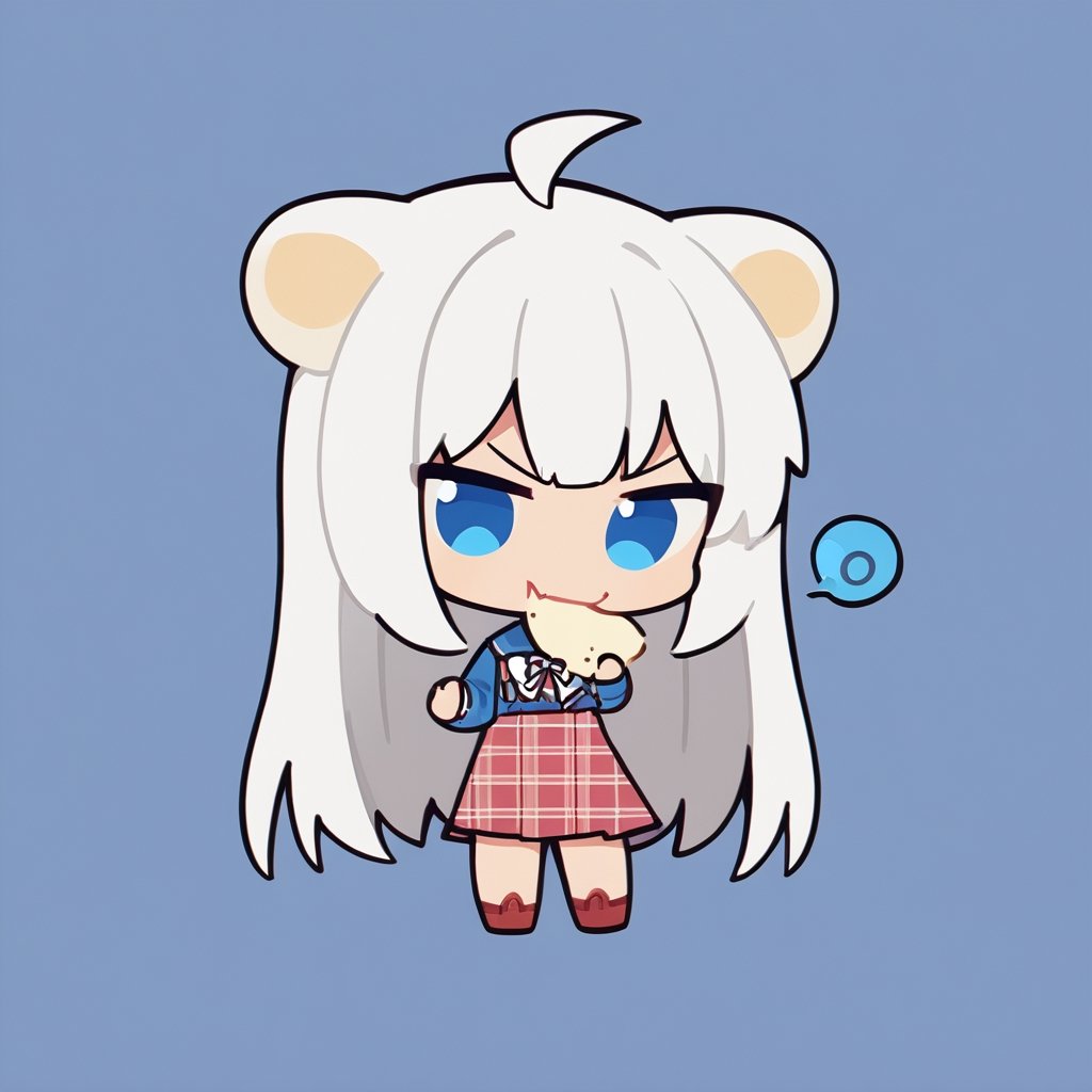 chibi, masterpiece, made by a master, 4k, perfect anatomy, perfect details, best quality, high quality, lots of detail.
(solo),1girl, ((white hair)), very long hair, blue eyes, (straight hair), (bangs), (stoat ears:1.2), ahoge, fang, (big stoat Tail:1.2), (plaid dress, chest bow), eating food, single, looking at viewer, (slightly angry), (chuckle), (full body) ,Emote Chibi. cute comic,simple background, flat color, Cute girl,Chibi Style,