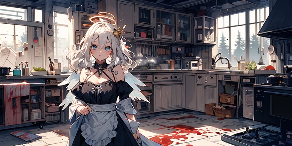 full body,masterpiece, best quality, highres, kta1,1girl, angel, white hair, long curly hair, blue eyes, two blue ribbons on her hair, (Double golden halo on her head), angel wings, ponytail, detached sleeves, cleavage, In the kitchen, bare shoulders, medium breasts, Making heart shaped chocolates, wearing an apron, background_Urban rooftop, despair, ((masterpiece)), (((best quality))), ((ultra-detailed)), ((illustration)), ((disheveled hair)),torn clothes,tearing with eyes open,solo,bandages,Gunpowder smoke,beautiful deatailed shadow, Splashing blood,dust,tyndall effect,portrait,