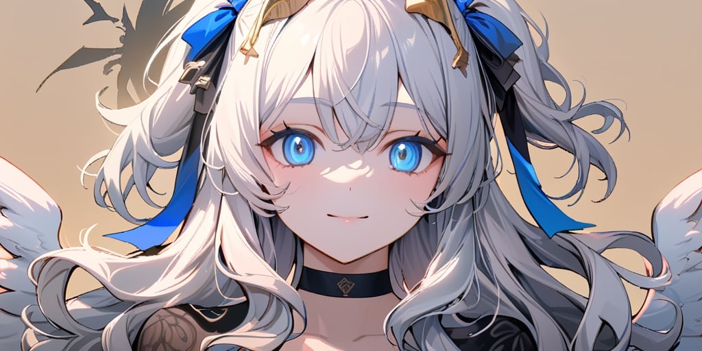 //quality
masterpiece, best quality, aesthetic, 
//Character
1girl, angel, white hair, long curly hair, (two side up), blue eyes, two blue ribbons on her hair, (Double golden halo on her head), choker, angel wings, (beautiful eyes:1.0), big eyes, deailed eyes, (beautiful face:1.0), fine skin, 
(medium breasts:1.2), 
//Fashion 
(The girl is smiling wryly,:1.0), 
//Background 
(Ink painting:1.2),  Light ochre background