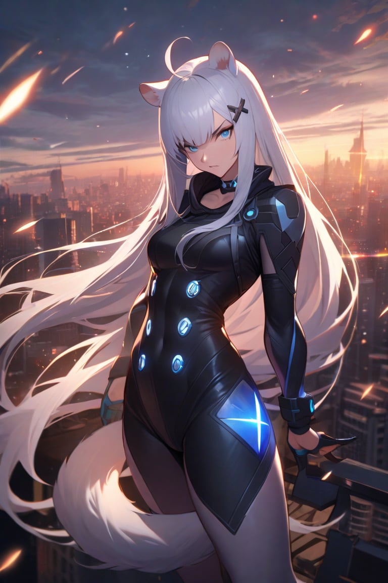 1girl, stoat girl, solo,  ((white hair)), very long hair, blue eyes, (straight hair), (bangs), animal ears, (stoat ears:1.2),
 Choker, ahoge, yaeba, (big white stoat Tail:1.2), (blue X hairpin), very beautiful girl, badass outfit, super hero suit, sexy pose, impressive woman, blue eyes, long hair, light particles in air, water particles in air, serious face, beautiful face, looking at viewer, masterpiece quality, stunning image, city in background.,ink paint