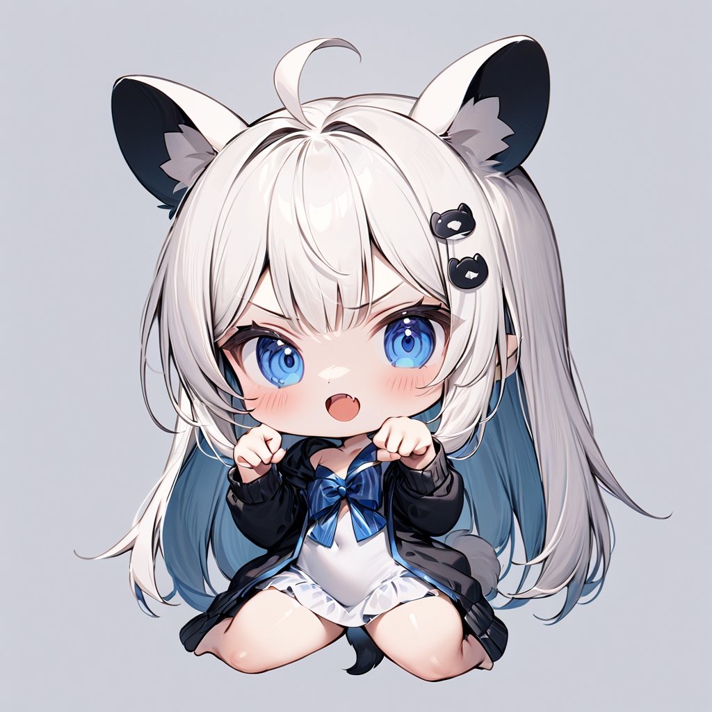 chibi, masterpiece, made by a master, 4k, perfect anatomy, perfect details, best quality, high quality, lots of detail.
(solo),1girl, ((white hair)), very long hair, (bunny hairpin:1.2), blue eyes, (straight hair), (bangs), (stoat ears:1.2), ahoge, fangs, (stoat Tail:1.2), (White sleeveless dress, blue chest bow), (black hooded jacket), (Off the shoulders), paw pose, single, looking at viewer, (slightly angry), (chuckle), (full body) ,Emote Chibi. cute comic,simple background, flat color, Cute girl,Chibi Style,