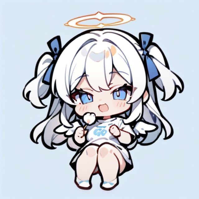  chibi, masterpiece, best quality, solo, 1girl, angel, (white hair), long curly hair, (two side up),blue eyes, (two blue ribbons on her hair), ((Double golden halo on her head)), choker, ((angel wings)), full body, cute smile, best smile, open mouth, Wearing white T-shirt, eating Puffs,simple background,masterpiece,Chibi anime,doodle