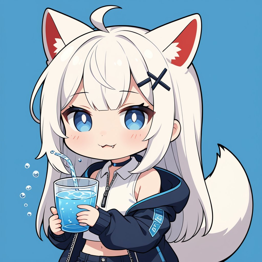 (chibi:1.3), masterpiece, made by a master, 4k, perfect anatomy, perfect details, best quality, high quality, lots of detail.
(solo),1girl, ((stoat girl)), solo,  ((white hair)), very long hair, blue eyes, (straight hair), (bangs), animal ears, (stoat ears:1.2), Choker, ahoge, cute_fang, (big Fox Tail:1.2), (blue X hairpin), (White collared sleeveless top, (midriff), blue chest bow), (black hooded oversized jacket:1.2), (jacket zipper half unzipped), (black short pants) (Off the shoulders), single, ((drinking water a big cup)), (((upper body))) ,Emote Chibi. cute comic,simple background, flat color, Cute girl,dal,Chibi Style,lineart,comic book,chibi emote style,chibi