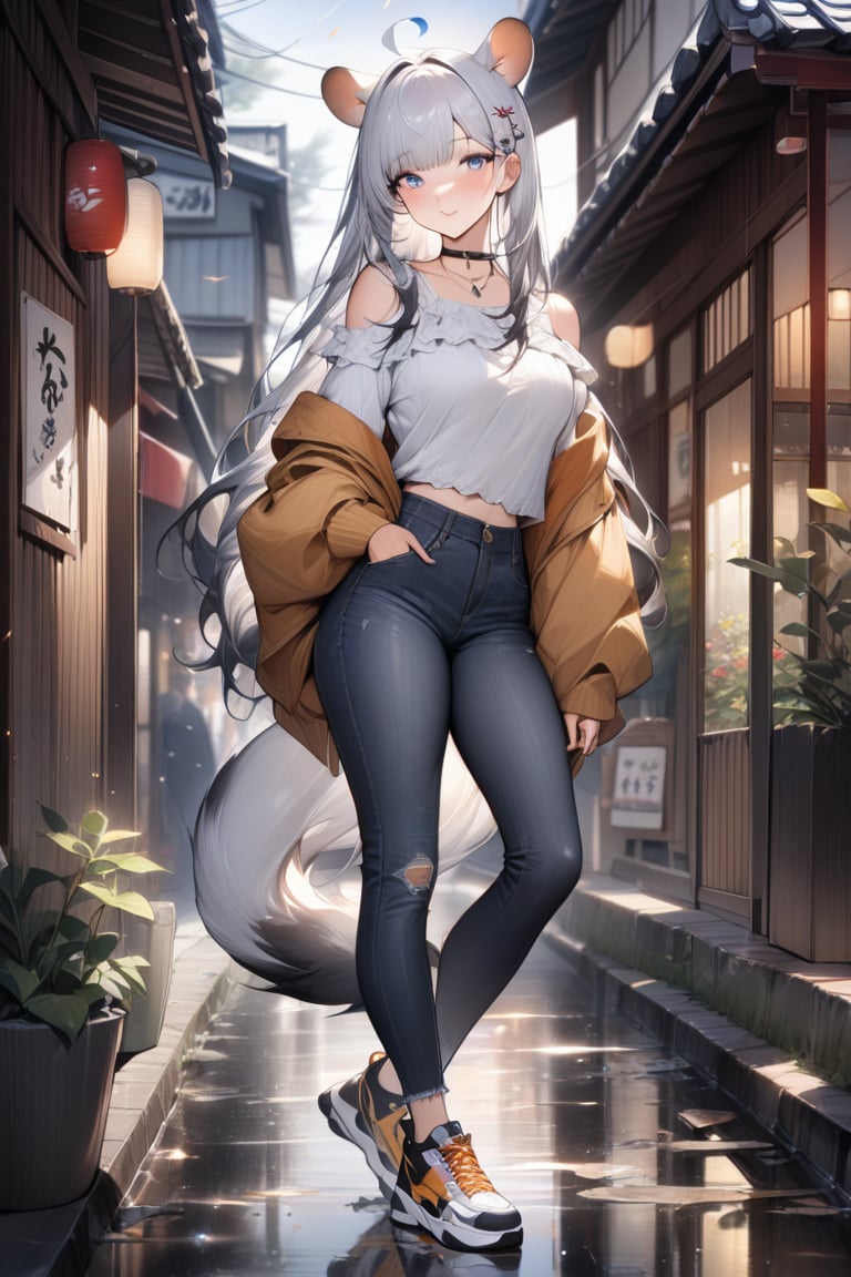 1girl, stoat girl, solo,  ((white hair)), very long hair, blue eyes, (straight hair), (bangs), animal ears, (stoat ears:1.2),
 Choker, ahoge, yaeba, (big white stoat Tail:1.2), (blue X hairpin), very beautiful girl, casual outfit (blouse, jeans, sneakers), Kyoto, watercolor splashes, masterpiece quality, stunning image, masterpiece, 8K, stunning image, light particles, attractive image, reflections, watercolor \(medium\)