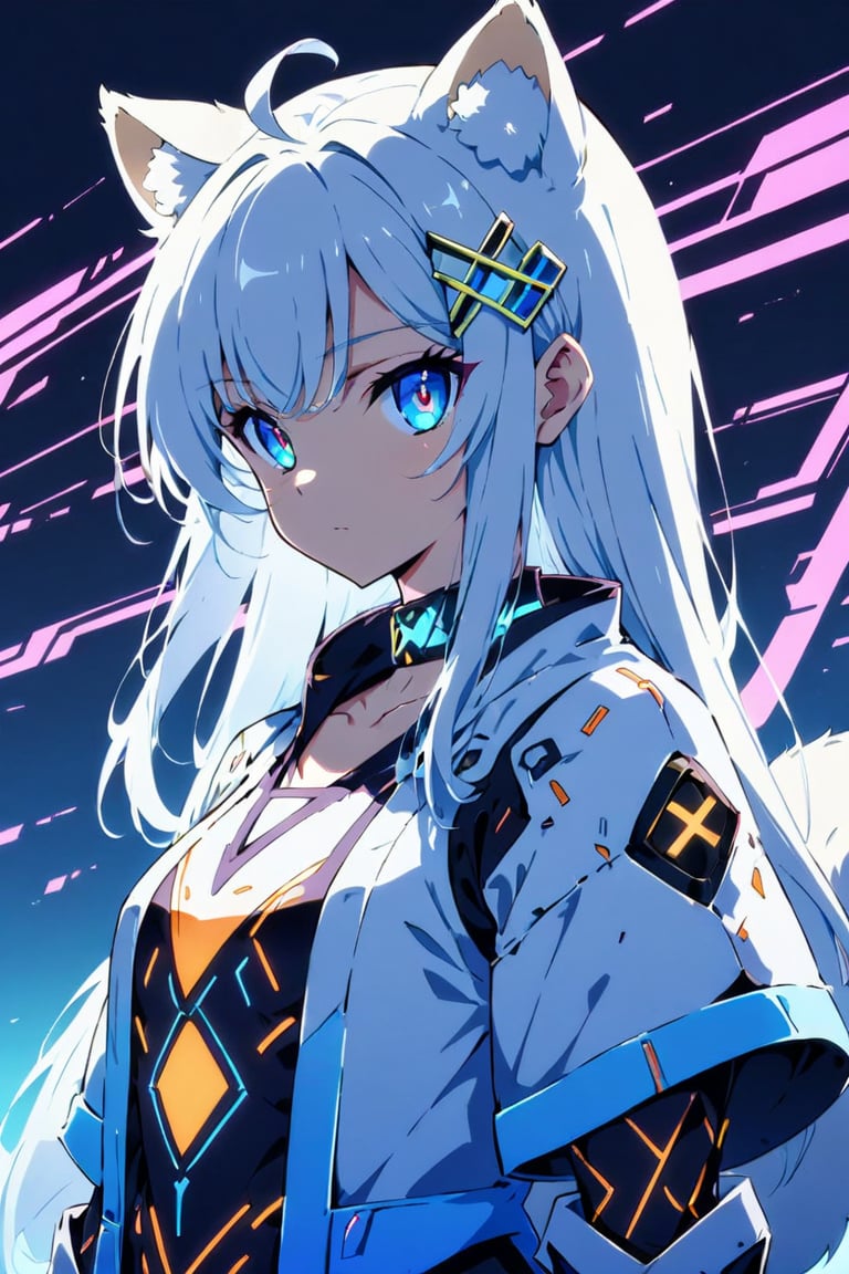 masterpiece, ultra detailed, HD, 

1girl, stoat girl, solo,  ((white hair)), very long hair, blue eyes, (straight hair), (bangs), animal ears, (stoat ears:1.2),
 Choker, ahoge, yaeba, (big white stoat Tail:1.2), (blue X hairpin), solo, Anime style, Japanese anime, cel shading, 

sanpaku eyes, cyberpunk costume, glowing outfit with neon lines, 

Anime Style