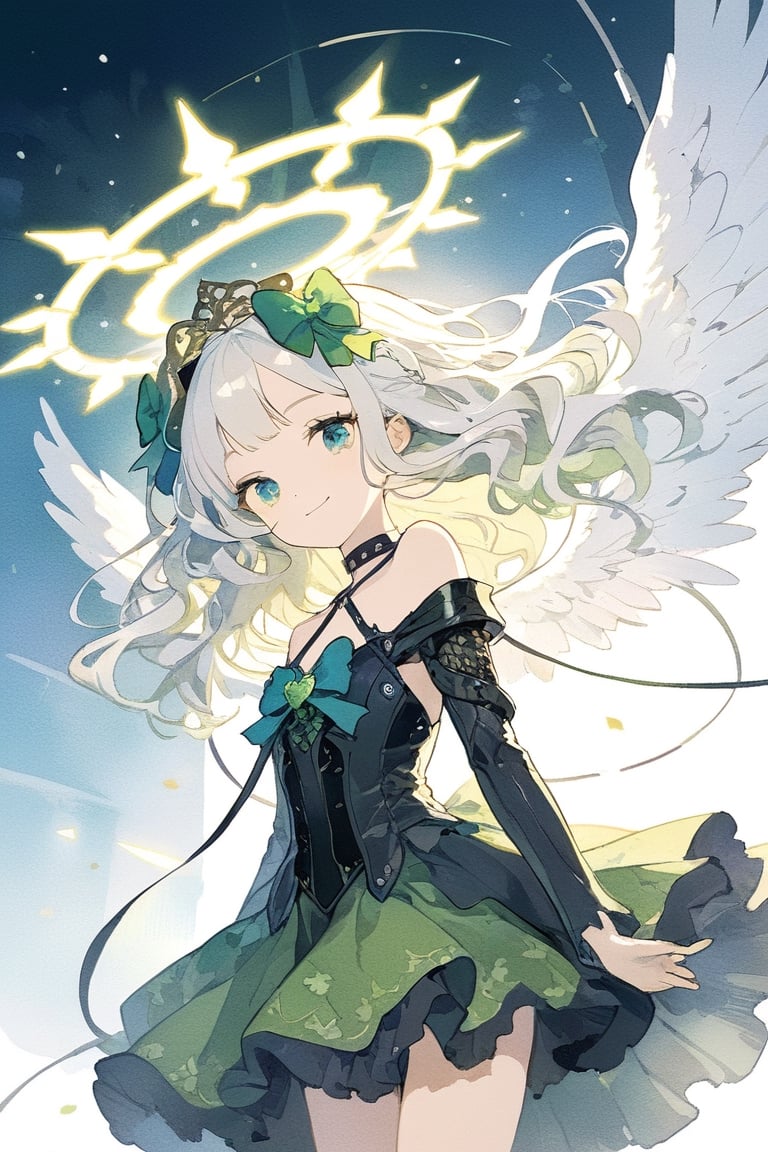 Masterpiece, solo, ultra detailed, anime art style, Saint Patrick day princess walking in a parade, big beautiful eyes and glamorous green makeup, sunset, depth of field, more detail XL, SFW,1girl, angel, white hair, long curly hair, (two side up), blue eyes, two blue bows on head, (Double golden halo on her head), choker, angel wings on back, ahoge,cyberpunk, mechanical girl, cyborg, cable, exposed wires, green dress,
masterpiece, best quality, aethetic, closed mouth, green jacket, simple background, smile, solo,aesthetic,