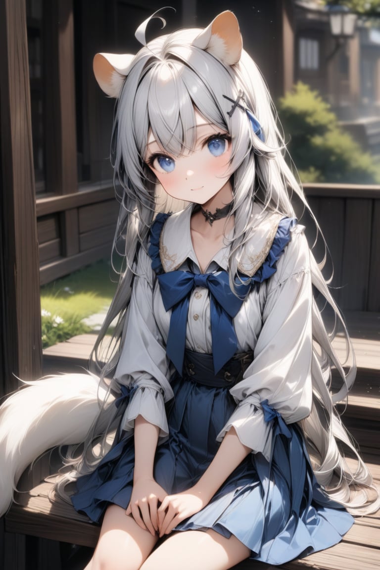 1girl, stoat girl, solo,  ((white hair)), very long hair, blue eyes, (straight hair), (bangs), animal ears, (stoat ears:1.2),
 Choker, ahoge, yaeba, (big white stoat Tail:1.2), (blue X hairpin), An animated animated girl with blue eyes is sitting on a wooden bench. She is wearing a short blue skirt with a white shirt and a blue bow tie. There is a small white cup of coffee on the bench in front of her. Behind her is a green lawn with small white flowers on it. A tree with yellow leaves is on the left side of the bench. Behind the tree is a wooden door with a black handle. Blurry background, detailed image, detailed skin, stunning image, 8k, proffesional style, luxurious room in background, ((masterpiece: 1.2)), light particles. Masterpiece, stunning image, professional style