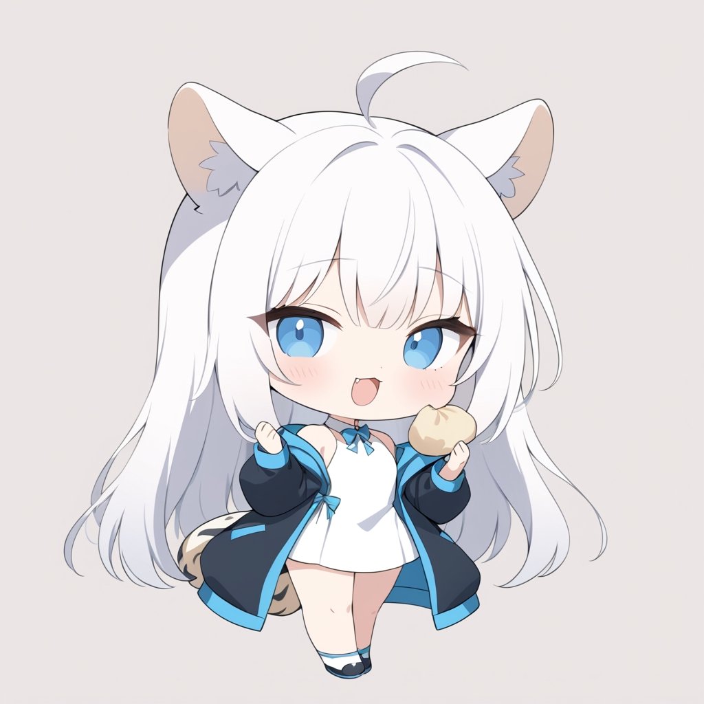 chibi, masterpiece, made by a master, 4k, perfect anatomy, perfect details, best quality, high quality, lots of detail.
(solo),1girl, ((white hair)), very long hair, blue eyes, (straight hair), (bangs), animal ears, (stoat ears:1.2), Choker, ahoge, fangs, (big stoat Tail:1.2), (White sleeveless collared dress, blue chest bow), (black hooded oversized jacket:1.2), (Off the shoulders), (Eating fried dumplings:1.2), open mouth, single, looking at viewer, (full body) ,Emote Chibi. cute comic,simple background, flat color, Cute girl,Chibi Style,chibi emote style,portraitart