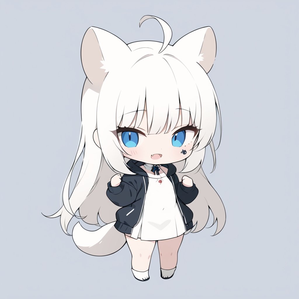 chibi, masterpiece, made by a master, 4k, perfect anatomy, perfect details, best quality, high quality, lots of detail.
(solo),1girl, ((white hair)), very long hair, blue eyes, (straight hair), (bangs), (stoat ears:1.2), ahoge, fangs, (stoat Tail:1.2)(White sleeveless dress), (black hooded jacket) single, looking at viewer, (flat face), (poker face), (full body) ,Emote Chibi. cute comic,simple background, flat color, Cute girl,Chibi Style,