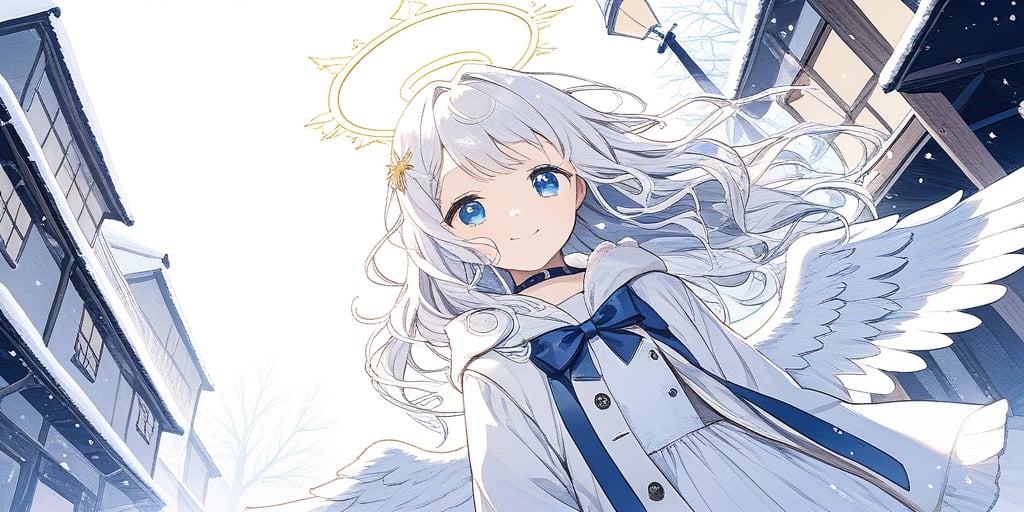 Anime-style illustration depicting a Japanese winter sky scene. A clear winter sky. A young girl,1angel, (white hair), long curly hair, blue eyes, (two blue ribbons on her hair), (Double golden halo on her head), ((angel wings)),  two side up, dress, cute outfit, best smile, cute face, wearing a choker and a hooded winter coat. The perspective is from below, choker, focusing on the girl, the street lamp against the clear winter sky.