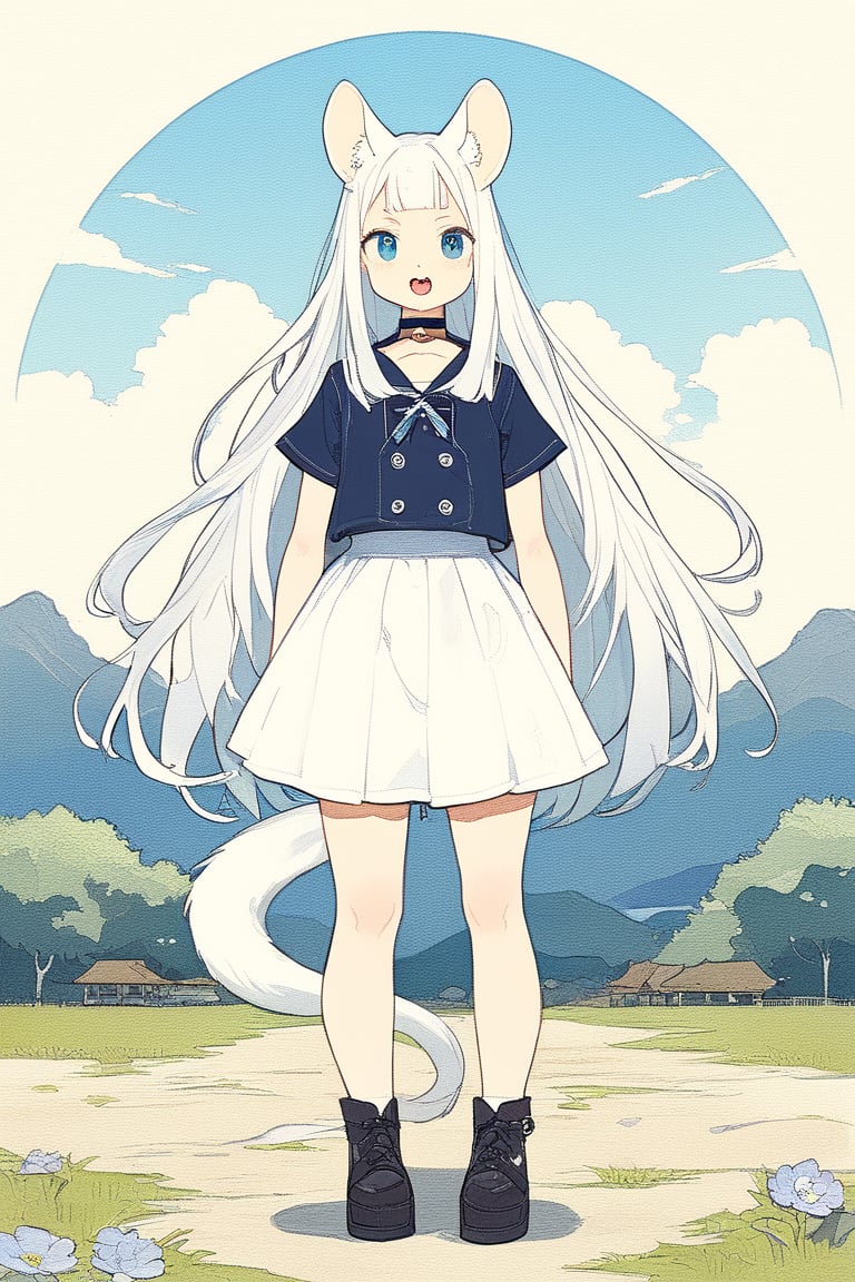 1girl, stoat girl, solo,  ((white hair)), very long hair, blue eyes, (straight hair), (bangs), animal ears, (stoat ears:1.2),
 Choker, ahoge, fangs, (big stoat Tail:1.2), (blue X hairpin), standing next to cute fat rabbit, summer day, symmetry face, niji style, ghibli style