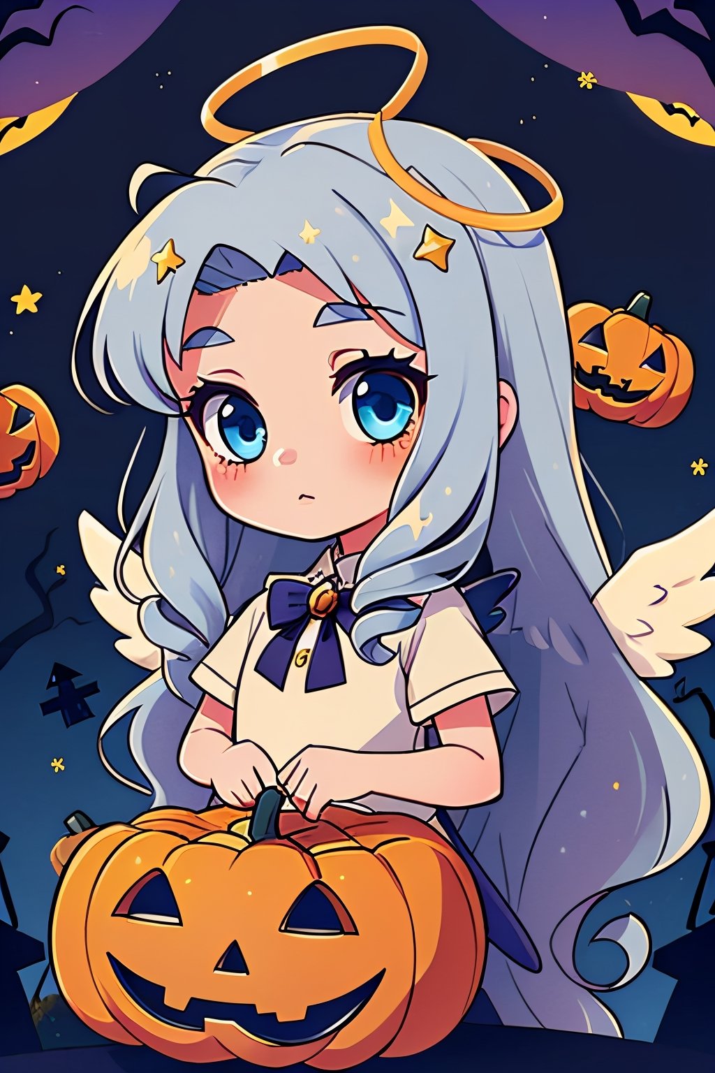 1girl,angel, with sliver long curly hair, blue eyes, two blue ribbons on her hair, (Double golden halo on her head), (angel wings), halloween style, witch clothes, pumpkins, high_res 