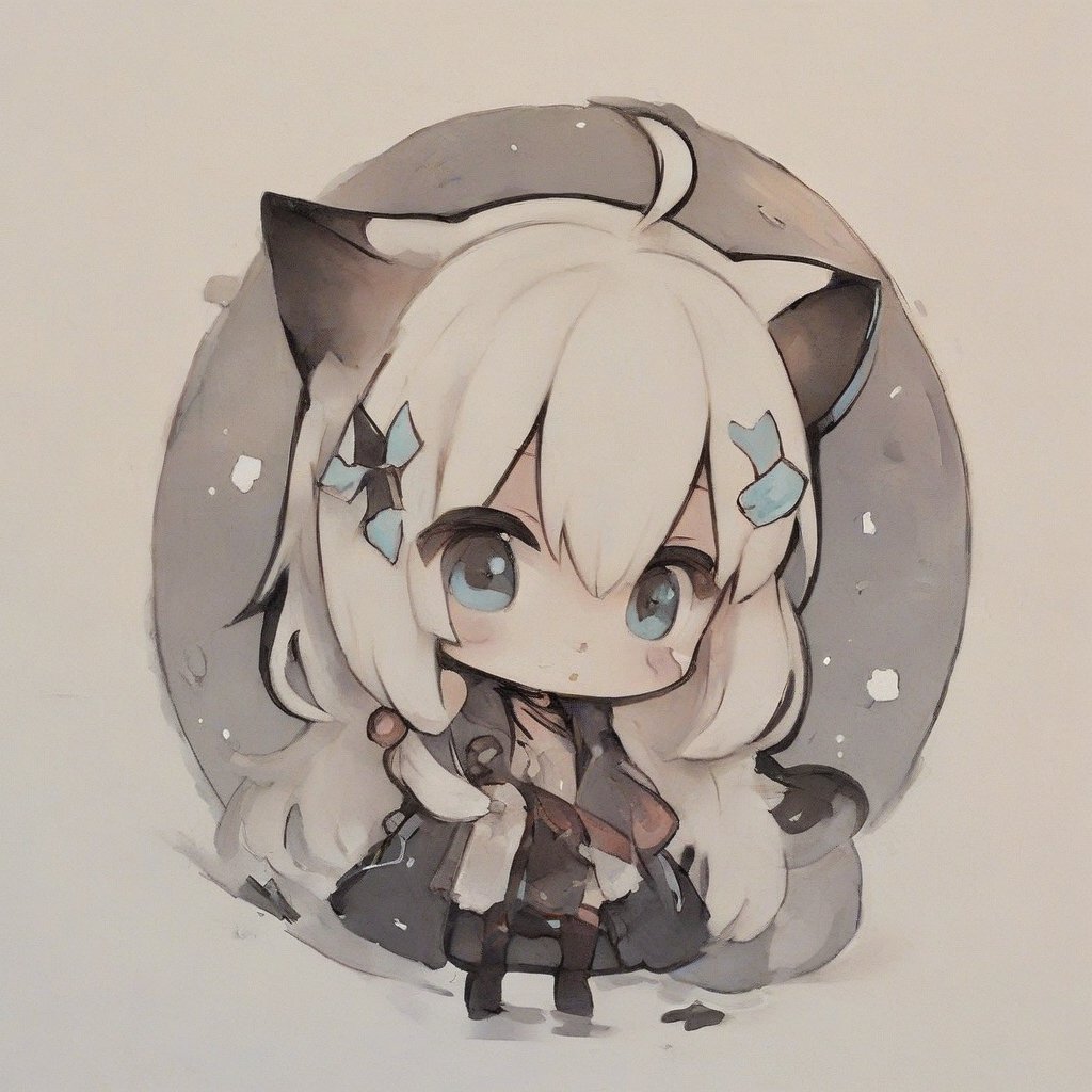 1girl, stoat girl, solo,  ((white hair)), very long hair, blue eyes, (straight hair), (bangs), animal ears, (stoat ears:1.2),
 Choker, ahoge, yaeba, (big white stoat Tail:1.2), (blue X hairpin), wearing a black coat, chibi style,((Chibi character))