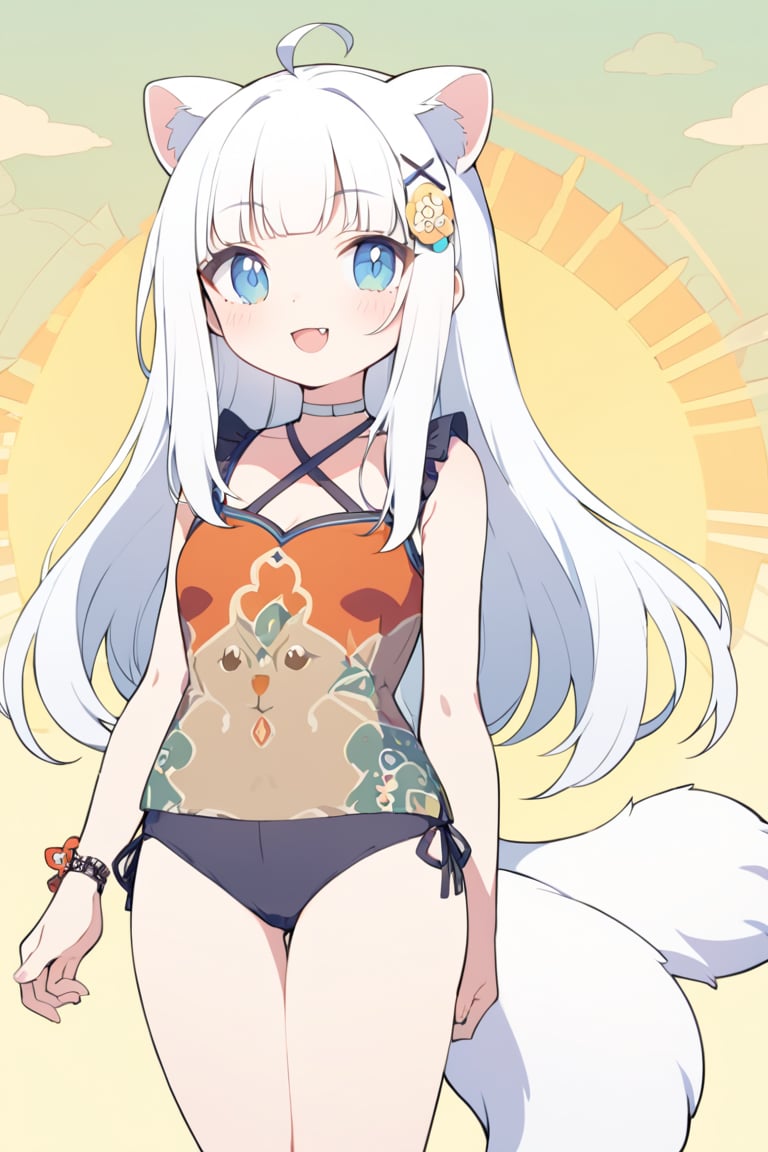 1girl, stoat girl, solo,  ((white hair)), very long hair, blue eyes, (straight hair), (bangs), animal ears, (stoat ears:1.2),
 Choker, ahoge, fangs, (big stoat Tail:1.2), (blue X hairpin), standing next to cute fat rabbit, summer day, symmetry face, niji style, ghibli style