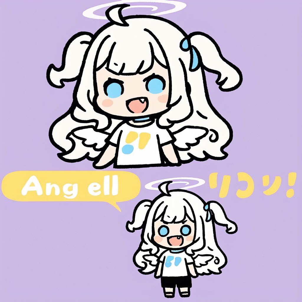 chibi, sd, masterpiece, made by a master, 4k, perfect anatomy, perfect details, best quality, high quality, lots of detail.
1girl, ((angel)), (white hair), long curly hair, (two side up), blue eyes,  (curly hair:1.2), (wavy hair), (hair curls), (bangs), (two side up), two ((blue)) hair ties on head, (Double golden halo on her head), choker, ((angel wings)), ahoge,white t-shirt, Short pants, single, looking at viewer, smiling, fang, happy, slightly angry, chibi, Emote Chibi. simple background, Line,cute comic,simple background, flat color,chibi,Cute girl,dal,Emote Chibi,chibi style,Chibi Style,Graffiti Comic,lineart,comic book