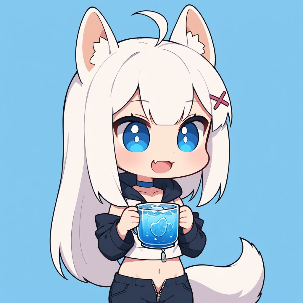 (chibi:1.3), masterpiece, made by a master, 4k, perfect anatomy, perfect details, best quality, high quality, lots of detail.
(solo),1girl, ((stoat girl)), solo,  ((white hair)), very long hair, blue eyes, (straight hair), (bangs), animal ears, (stoat ears:1.2), Choker, ahoge, cute_fang, (big Fox Tail:1.2), (blue X hairpin), (White collared sleeveless top, (midriff), blue chest bow), (black hooded oversized jacket:1.2), (jacket zipper half unzipped), (black short pants) (Off the shoulders), single, ((drink water a big cup)), (upper body) ,Emote Chibi. cute comic,simple background, flat color, Cute girl,dal,Chibi Style,lineart,comic book,chibi emote style