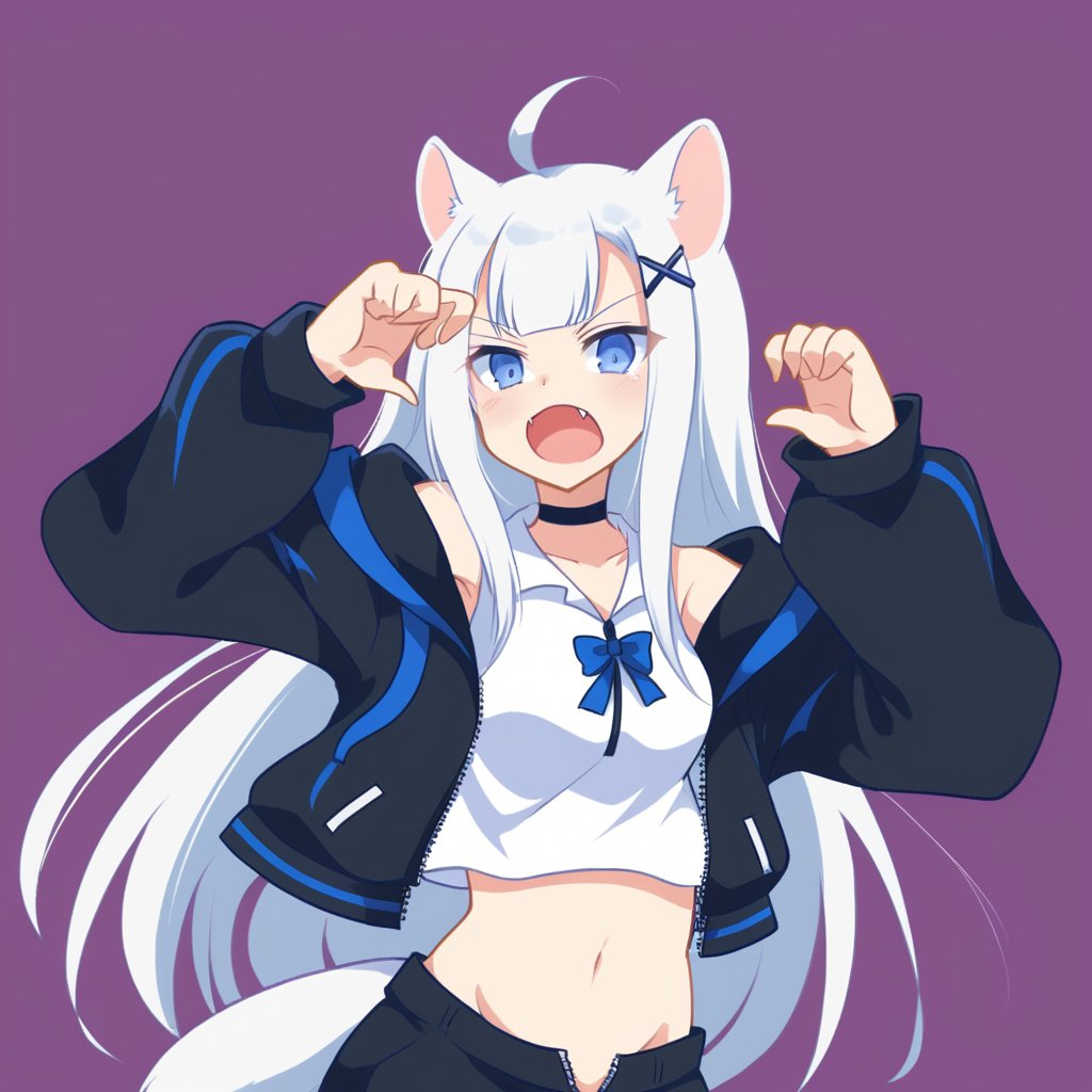 1girl, stoat girl, solo,  ((white hair)), very long hair, blue eyes, (straight hair), (bangs), animal ears, (stoat ears:1.2),
 Choker, ahoge, fangs, (big stoat Tail:1.2), (blue X hairpin), (White collared sleeveless top, (midriff), blue chest bow), 
(black hooded oversized jacket:1.2), (jacket zipper half unzipped), (black short pants) (Off the shoulders), anime, fightng pose,Anime Style.,kawaii,