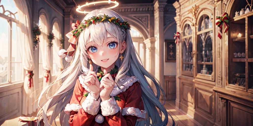  (Best Picture Quality, High Quality, Best Picture Score: 1.3), , Perfect Beauty Score: 1.5, 1girl, solo, angel, (white long curly hair), blue eyes, two blue ribbons on her hair, (Double golden halo on her head), (angel wings), (cute outfit), beautiful, cute, stylish cafe, best smile, Christmas,(( Decorate Santa Claus' house)), fine decorations, lots of presents,masterpiece,best quality,1 girl