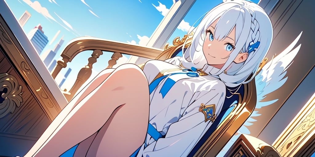 vibrant colors, female, masterpiece, sharp focus, best quality, depth of field, cinematic lighting, ((solo, one woman )), (illustration, 8k CG, extremely detailed), masterpiece, ultra-detailed,
1angel, (white hair), long curly hair, blue eyes, (two blue ribbons on her hair), (Double golden halo on her head), angel wings, White shirt, sweater, cute outfit, Sitting on a huge throne, best smile, cute face, perfect light,1girl white hair blue eyes x hair ornament,masterpiece