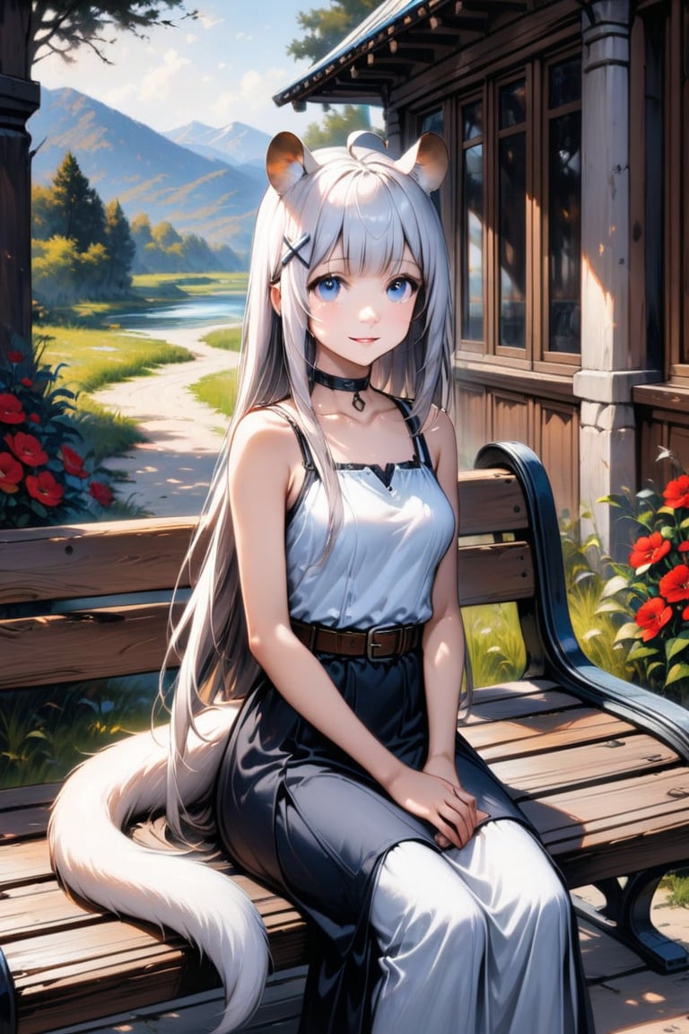 1girl, stoat girl, solo,  ((white hair)), very long hair, blue eyes, (straight hair), (bangs), animal ears, (stoat ears:1.2),
 Choker, ahoge, yaeba, (big white stoat Tail:1.2), (blue X hairpin), solo, breasts, looking at viewer, smile, bangs, skirt, bare shoulders, sitting, white shirt, flower, outdoors, parted lips, sleeveless, day, belt, sleeveless shirt, black skirt, red flower, bench, hands on lap, fine art parody, oil painting style,