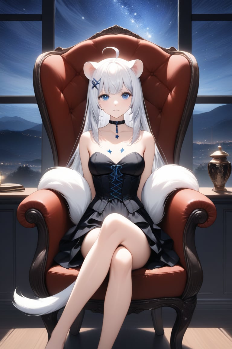 An animated image, 1girl, stoat girl, solo,  ((white hair)), very long hair, blue eyes, (straight hair), (bangs), animal ears, (stoat ears:1.2),
 Choker, ahoge, yaeba, (big white stoat Tail:1.2), (blue X hairpin), wearing a black strapless corset with a star on the chest. sitting on a black leather chair with her legs crossed. The chair is sitting in front of a window. There are two tables on either side of the woman with lamps on them, stunning image, digital art, professional style, ((masterpiece quality: 2)), starry night, close up, attractive image