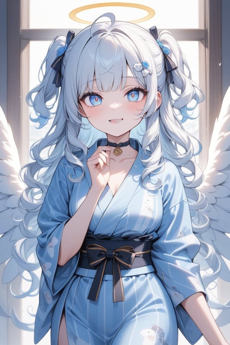  {{{masterpiece}}}, {{{best quality}}}, {{ultra-detailed}}, {beautiful detailed eyes}, 1girl, solo, angel, white hair, long curly hair, (two side up), blue eyes,  (curly hair:1.2), (wavy hair), (hair curls), (bangs), (two side up), two blue hair ties on head, (Double golden halo on her head), bowtie choker, angel wings, ahoge, fang,, (cute yukata, colorful yukata), smiling ,Eyes,Beautiful eyes,