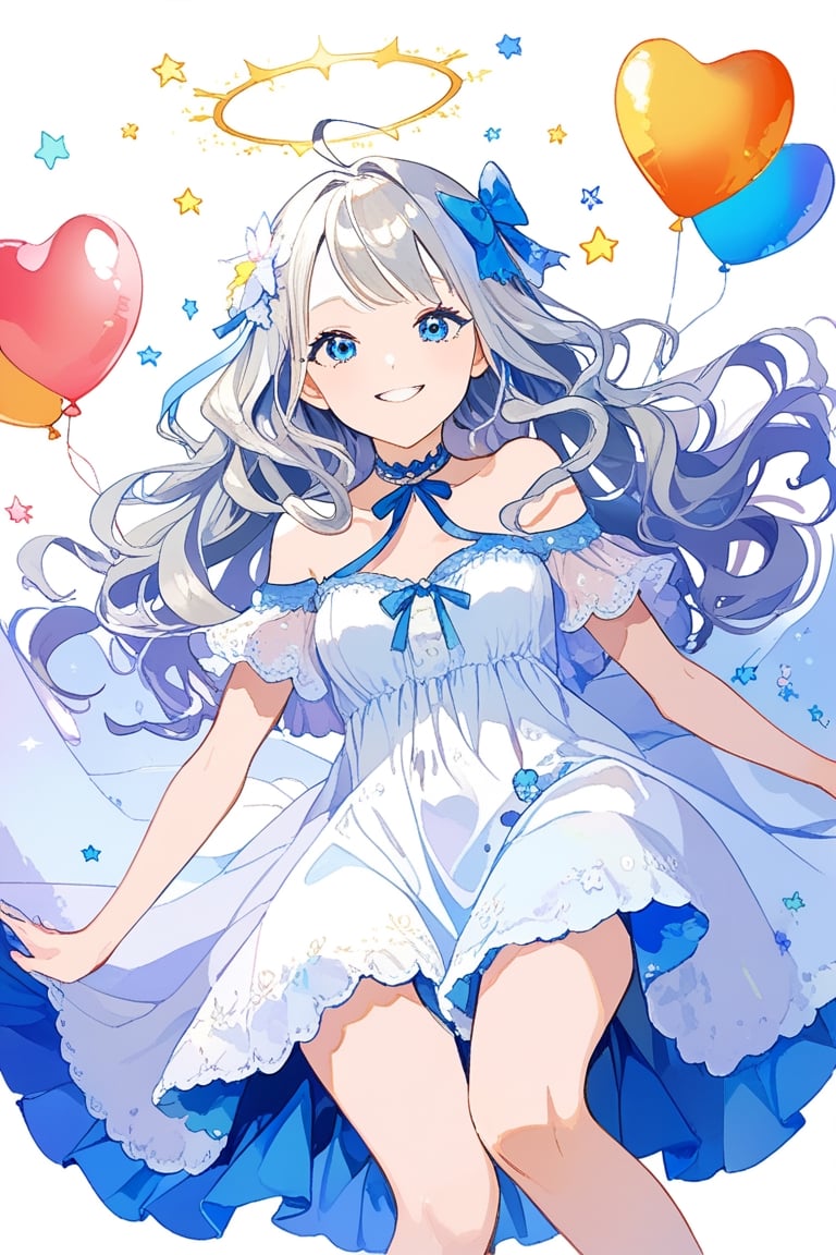 //quality
masterpiece, best quality, aesthetic, 
//Character
1girl, angel, white hair, long curly hair, (two side up), blue eyes, two blue bows on head, (Double golden halo on her head), choker, angel wings on back, ahoge, glossy lips, (beautiful and detailed eyes:1.1), big eyes, (medium breasts:1.1), (smirk:1.2), 
//Fashion
A girl with a light blue ribbon tied in her hair is wearing a fluffy and cute dress. The dress is white and blue with floral patterns, and the skirt is spread out to the knees. A ribbon of the same color as the light blue ribbon is decorated on the chest of the dress. The girl has a shy smile on her face and poses for the camera. Her eyes sparkle and her happy expression is impressive. The girl's illustration makes you feel a bright and gentle atmosphere.

Behind the girl, there is a colorful and fun background. Colorful balloons, flowers, stars, and hearts are floating in the sky. The colors of the background match the girl's dress and ribbon, enhancing the gorgeousness and cuteness. 
//Background 
(watercolor:0.6), dynamic pose, dynamic angle, ,fine anime screencap_xl