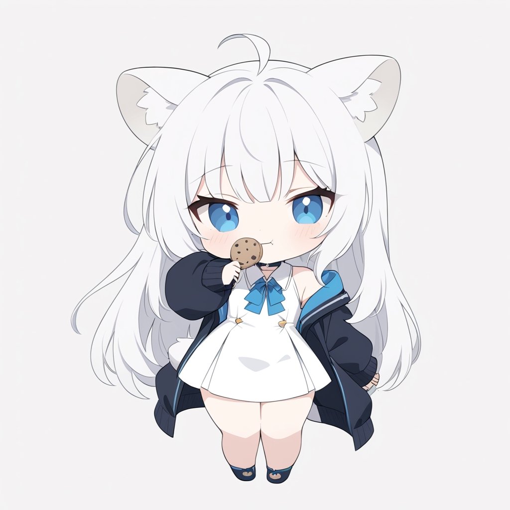 chibi, masterpiece, made by a master, 4k, perfect anatomy, perfect details, best quality, high quality, lots of detail.
(solo),1girl, ((white hair)), very long hair, blue eyes, (straight hair), (bangs), animal ears, (stoat ears:1.2), Choker, ahoge, fang, (big stoat Tail:1.2), (White sleeveless collared dress, blue chest bow), (black hooded oversized jacket:1.2), (Off the shoulders), (eating a cookie rabbit:1.2), single, looking at viewer, (full body) ,Emote Chibi. cute comic,simple background, flat color, Cute girl,Chibi Style,chibi emote style,portraitart