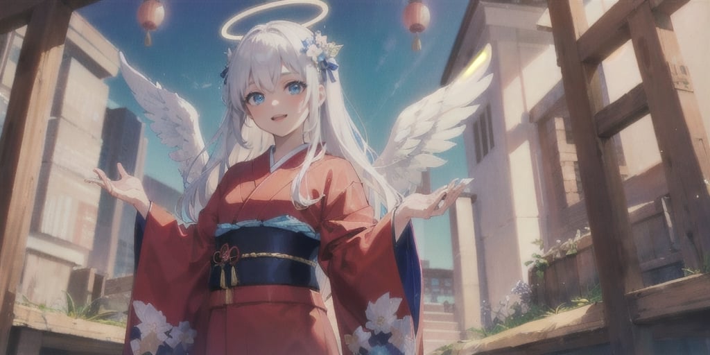  (Best Picture Quality, High Quality, Best Picture Score: 1.3), , Perfect Beauty Score: 1.5, long hair, 1 angel girl, (solo), ((white hair)), (long curly hair), blue eyes, ((two blue ribbons on her hair)), (Double golden halo on her head), (angel wings), (cute outfit), cute smile, (Wearing cute kimono), The background is a Japanese New Year shrine, beautiful, cute, masterpiece, best quality,