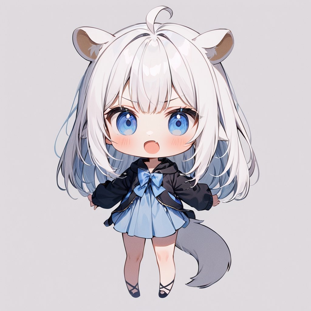 chibi, masterpiece, made by a master, 4k, perfect anatomy, perfect details, best quality, high quality, lots of detail.
(solo),1girl, ((white hair)), very long hair, blue eyes, (straight hair), (bangs), (stoat ears:1.2), ahoge, fang, (big stoat Tail:1.2), (White sleeveless midriff-baring dress, blue chest bow), (black hooded jacket), (Off the shoulders), hugging a rabbit, single, looking at viewer, (slightly angry), (chuckle), (full body) ,Emote Chibi. cute comic,simple background, flat color, Cute girl,Chibi Style,