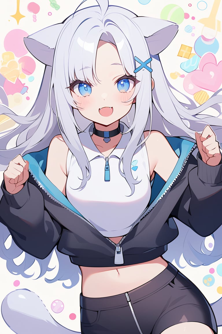 (finely best quality illustration:1.2), (kawaii girl:1.1), (1girl, solo:1), coquettish skin, stoat girl, solo,  ((white hair)), very long hair, blue eyes, (straight hair), (bangs), animal ears, (stoat ears:1.2),
 Choker, ahoge, fangs, (big stoat Tail:1.2), (blue X hairpin), (White collared sleeveless top, (midriff), blue chest bow), 
(black hooded oversized jacket:1.2), (jacket zipper half unzipped), (black short pants) (Off the shoulders),
silver hair, wavy hair, hair,

pop, candy, kawaii, watercolor medium, dramatic angle,  lowing long hair, parted bangs, grey hair, flowery bubbles, the bottom of the bottle background, sparkle, 