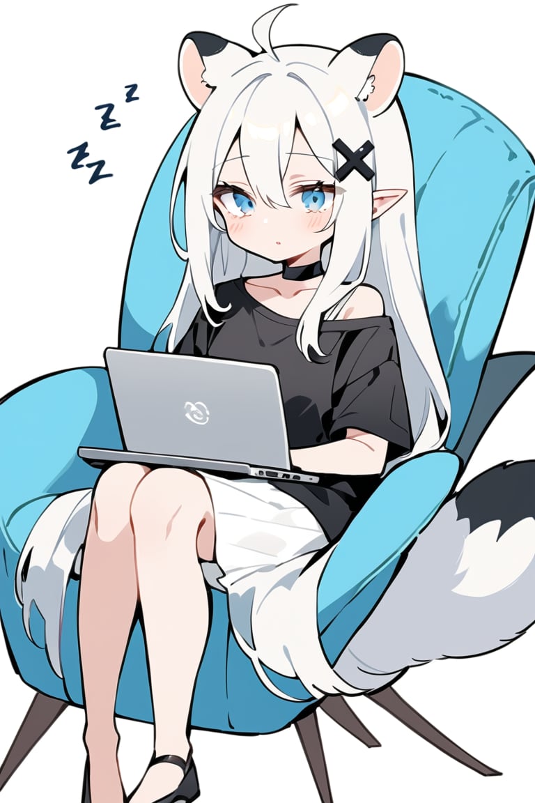 masterpiece, 1girl, stoat girl, solo,  ((white hair)), very long hair, blue eyes, (straight hair), (bangs), animal ears, (stoat ears:1.2),
 Choker, ahoge, fangs, (big stoat Tail:1.2), (blue X hairpin), solo, long hair, blush, bangs, simple background, shirt, white background, hair between eyes, sitting, collarbone, eyes closed, ahoge, white hair, lips parted, off shoulder, chibi, black shirt, chair, sleeping, computer, zzz, sleepy, laptop,flat style