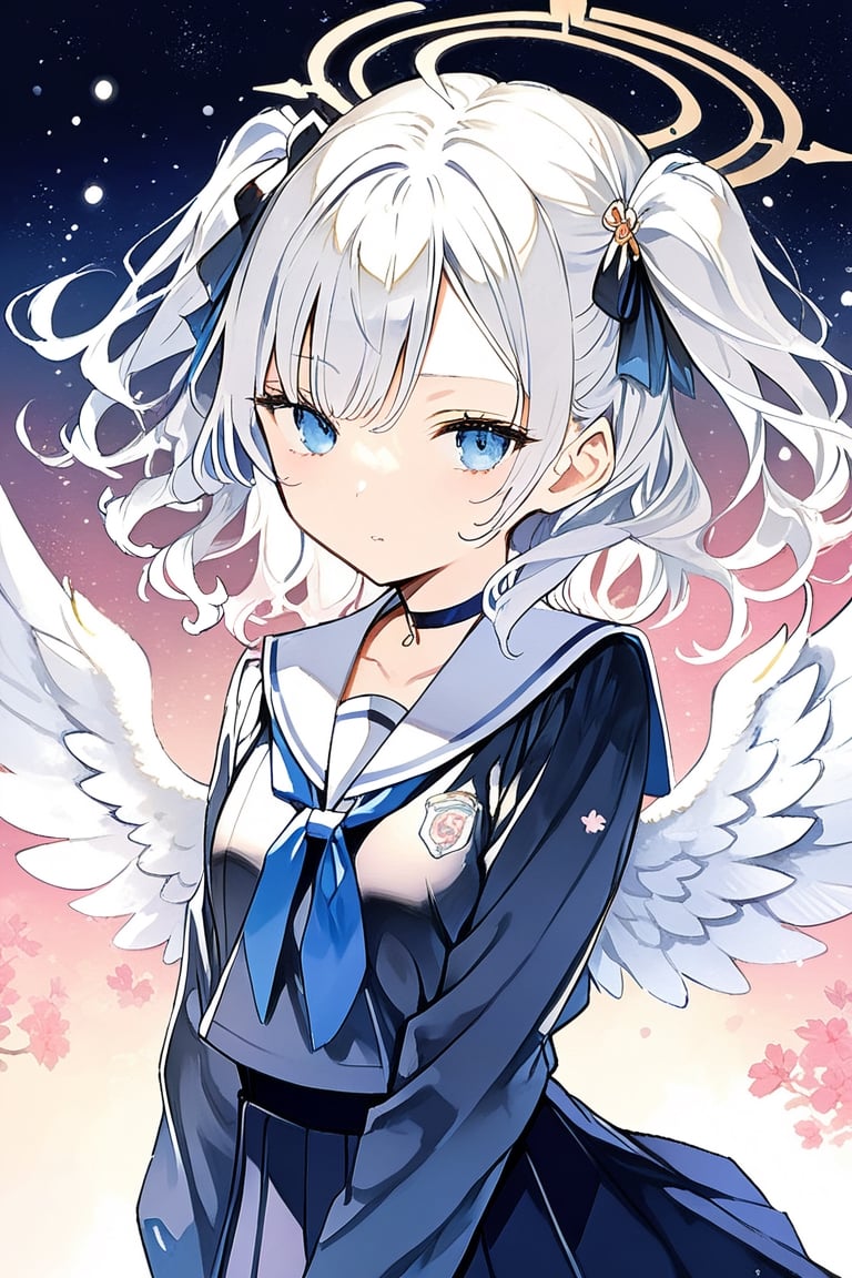 masterpiece, best quality, aesthetic,a mature 1girl, angel, white hair, long curly hair, (two side up), blue eyes, Two blue hair ties on head , (Double golden halo on her head), choker, angel wings,ahoge,hair over one eye,samurai,(vintage jkseifuku:1.4),sakura