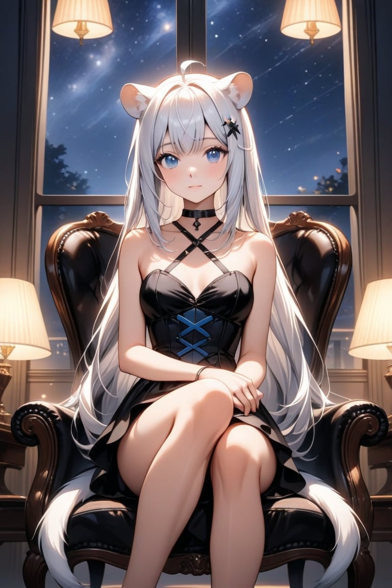 An animated image, 1girl, stoat girl, solo,  ((white hair)), very long hair, blue eyes, (straight hair), (bangs), animal ears, (stoat ears:1.2),
 Choker, ahoge, yaeba, (big white stoat Tail:1.2), (blue X hairpin), wearing a black strapless corset with a star on the chest. sitting on a black leather chair with her legs crossed. The chair is sitting in front of a window. There are two tables on either side of the woman with lamps on them, stunning image, digital art, professional style, ((masterpiece quality: 2)), starry night, close up, attractive image