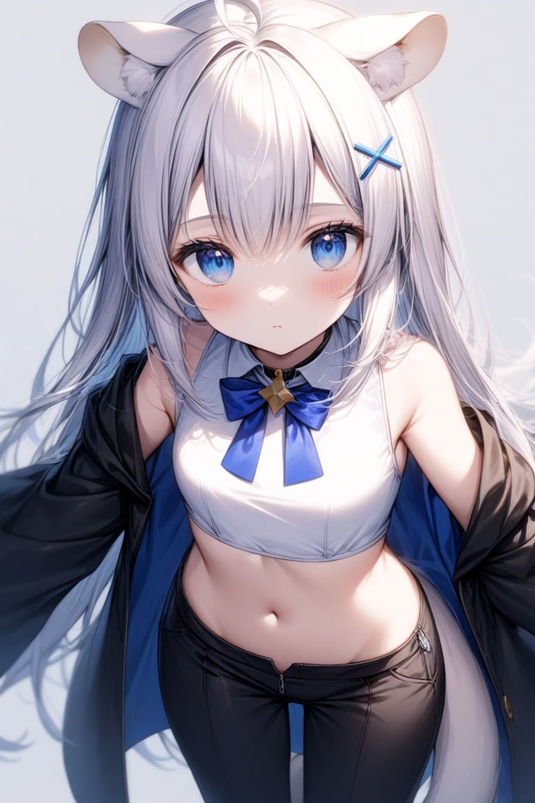 1girl, stoat girl, solo,  ((white hair)), very long hair, blue eyes, (straight hair), (bangs), animal ears, (stoat ears:1.2),
 Choker, ahoge, yaeba, (big white stoat Tail:1.2), (blue X hairpin), (White collared sleeveless top, (midriff), blue chest bow), 
(black hooded overcoat:1.2), (overcoat half zipped), (black short pants) (Off the shoulders),
high angle shot,Beautiful eyes