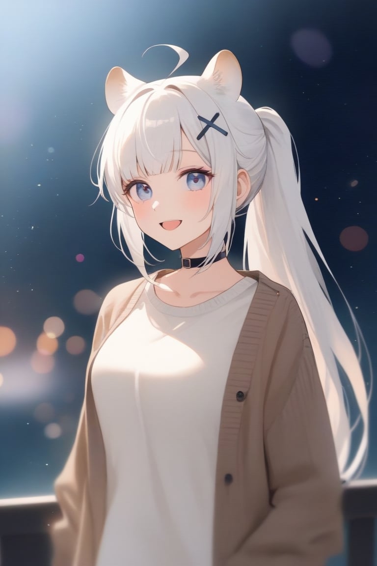 1girl, stoat girl, solo,  ((white hair)), very long hair, blue eyes, (straight hair), (bangs), animal ears, (stoat ears:1.2),
 Choker, ahoge, yaeba, (big white stoat Tail:1.2), (blue X hairpin), very beautiful girl, smiling open mouth, happy, ponytail hairstyle, long hair, himecut hairstyle, casual outfit, Tokyo, watercolor splashes, masterpiece quality, stunning image, masterpiece, 8K, stunning image, light particles, attractive image, reflections, watercolor \(medium\),Beautiful eyes