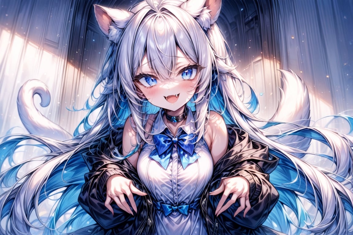 score_9, score_8_up, score_7_up, masterpiece, insane detail, 4k, source_anime, 1girl, ((white hair)), very long hair, blue eyes, (straight hair), (bangs), animal ears, (stoat ears:1.2), Choker, ahoge, fangs, (big stoat Tail:1.2), 
(White sleeveless collared dress, blue chest bow), (black hooded oversized jacket:1.2), (Off the shoulders), 
, shaded face, light white hair, long hair, ahoge, wide smile, 