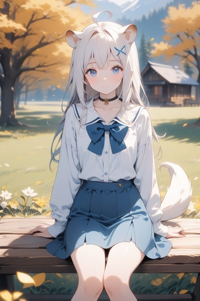 1girl, stoat girl, solo,  ((white hair)), very long hair, blue eyes, (straight hair), (bangs), animal ears, (stoat ears:1.2),
 Choker, ahoge, yaeba, (big white stoat Tail:1.2), (blue X hairpin), An animated animated girl with blue eyes is sitting on a wooden bench. She is wearing a short blue skirt with a white shirt and a blue bow tie. There is a small white cup of coffee on the bench in front of her. Behind her is a green lawn with small white flowers on it. A tree with yellow leaves is on the left side of the bench. Behind the tree is a wooden door with a black handle. Blurry background, detailed image, detailed skin, stunning image, 8k, proffesional style, luxurious room in background, ((masterpiece: 1.2)), light particles. Masterpiece, stunning image, professional style