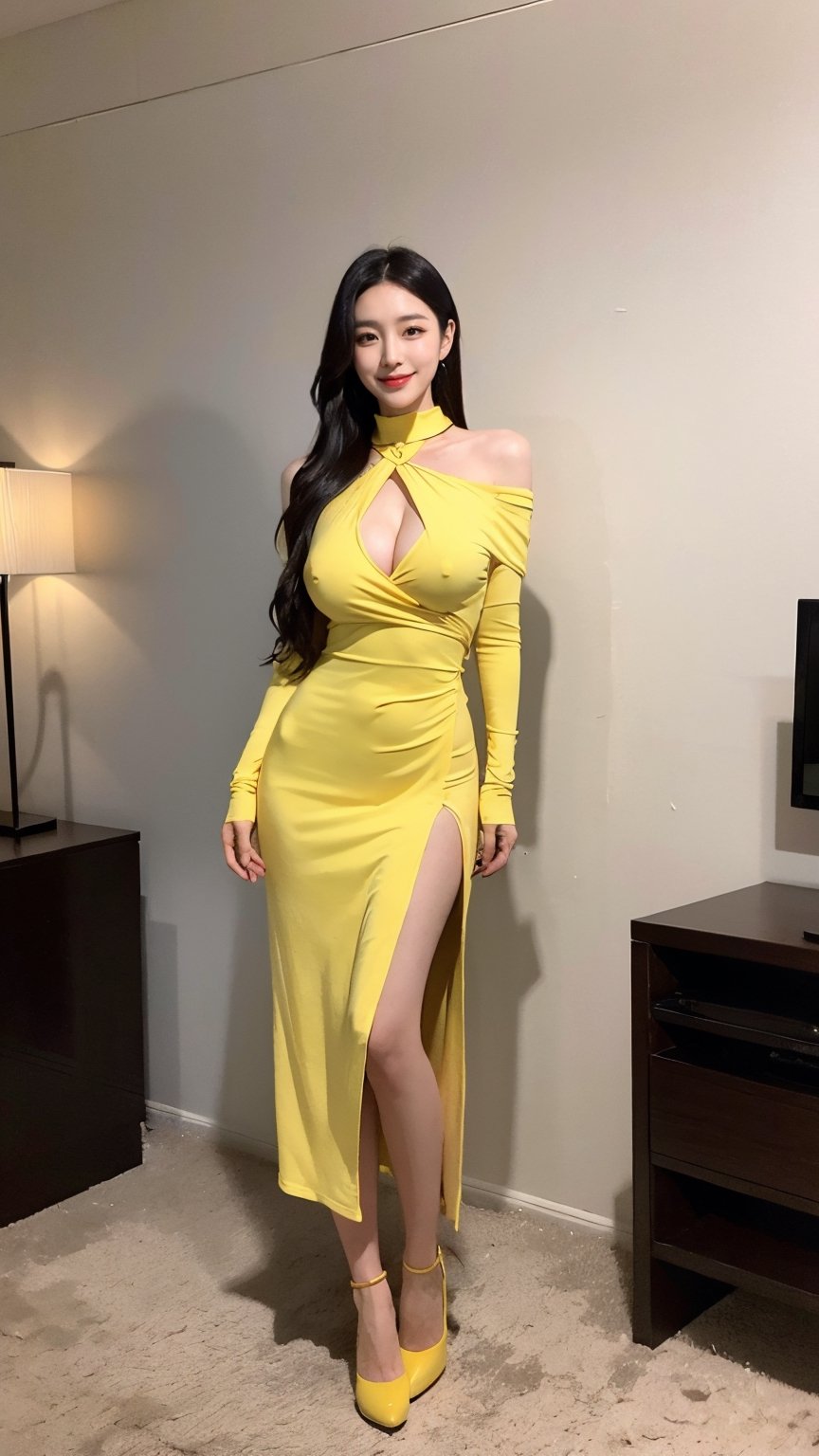 (intimate photo), 1girl,  ((busty)) slender Korean girl, 28 years old girl, instagram model,  50mm,  real life, beautiful face,  sexy body, at 1pm, high_quality, 4K, at apartment, 8K, eungirl, iulorashy,  1girl, focus body and face, full body,1girl,  bright smile, long black hair, detailed and realistic Skin texture,  full focus, iulorashy, 
standing and she is wearing oversized off the shoulder see through wrap dress sexily, sexy off the shoulder warp yellow dress with visible nipples, full body, toned legs, high heels, soft studio lighting, ((slave collar)), (visible nipple)