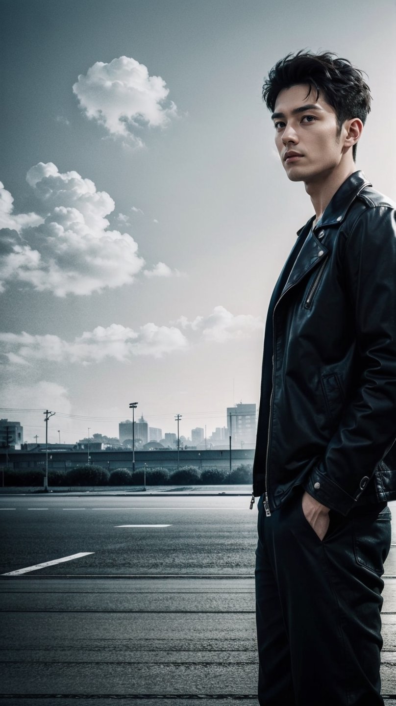 solo, looking at viewer, short hair, brown hair, shirt, 1boy, standing, jacket, male focus, outdoors, sky, day, pants, cloud, blue sky, black jacket, black shirt, black pants, building, city, realistic, hands in pockets, car, leather, leather jacket
