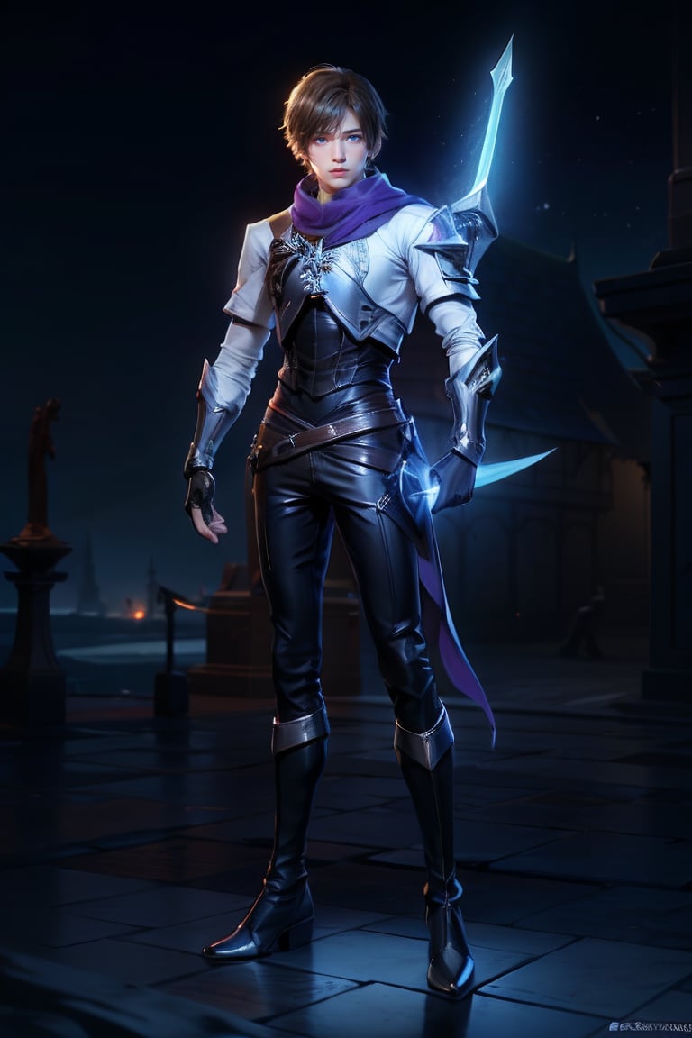 1boy, solo, short hair, blue eyes, standing, full body, brown hair, shiny, purple scarf, glowing, ,Holy_Blade, boots, vambraces, black pants, fingerless_gloves, black gloves,