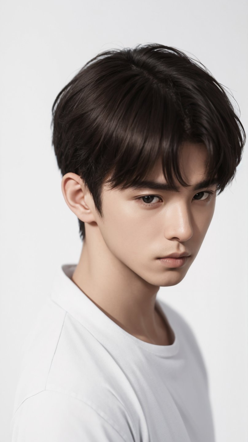 solo, simple background, brown hair, shirt, black hair, 1boy, white background, white shirt, male focus, parted lips, blue shirt, realistic