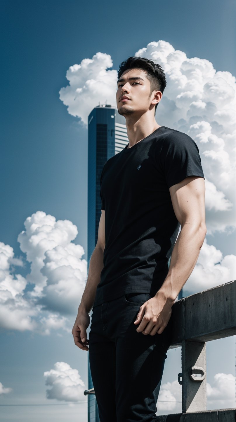 solo, short hair, shirt, black hair, 1boy, standing, short sleeves, male focus, outdoors, sky, day, pants, cloud, blue sky, black shirt, facial hair, black pants, sunlight, t-shirt, realistic, photo background,Pectoral Focus