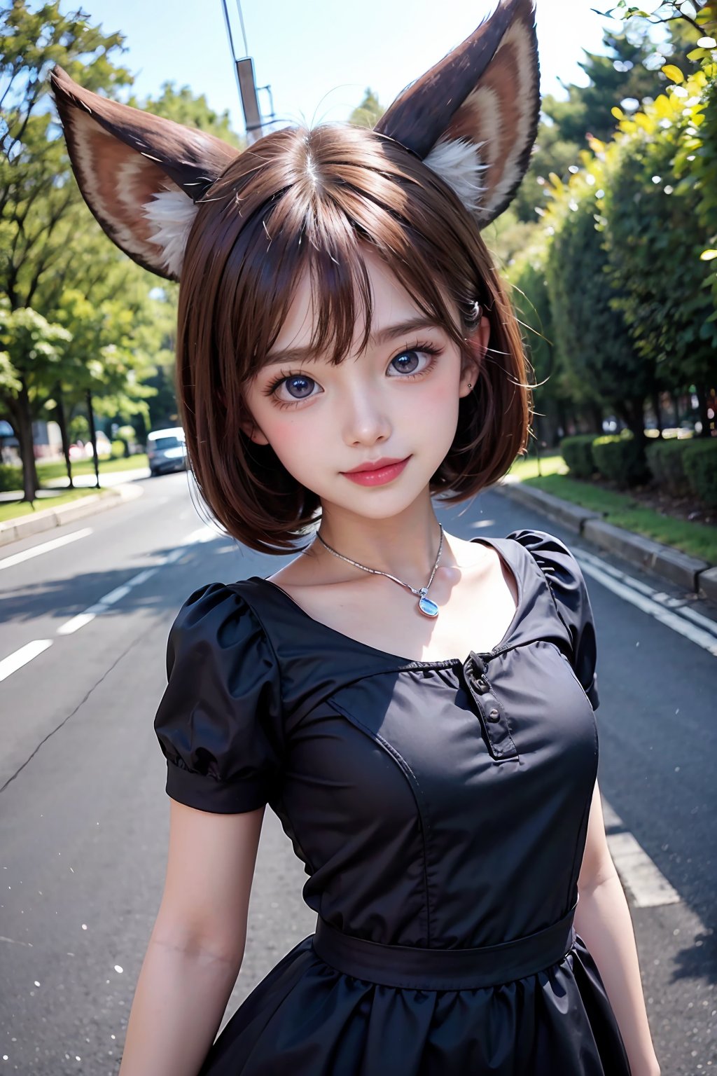 cute little girl, blue big eye, cute ear, cute closed smile, detailed size full body, cute black dress, road side