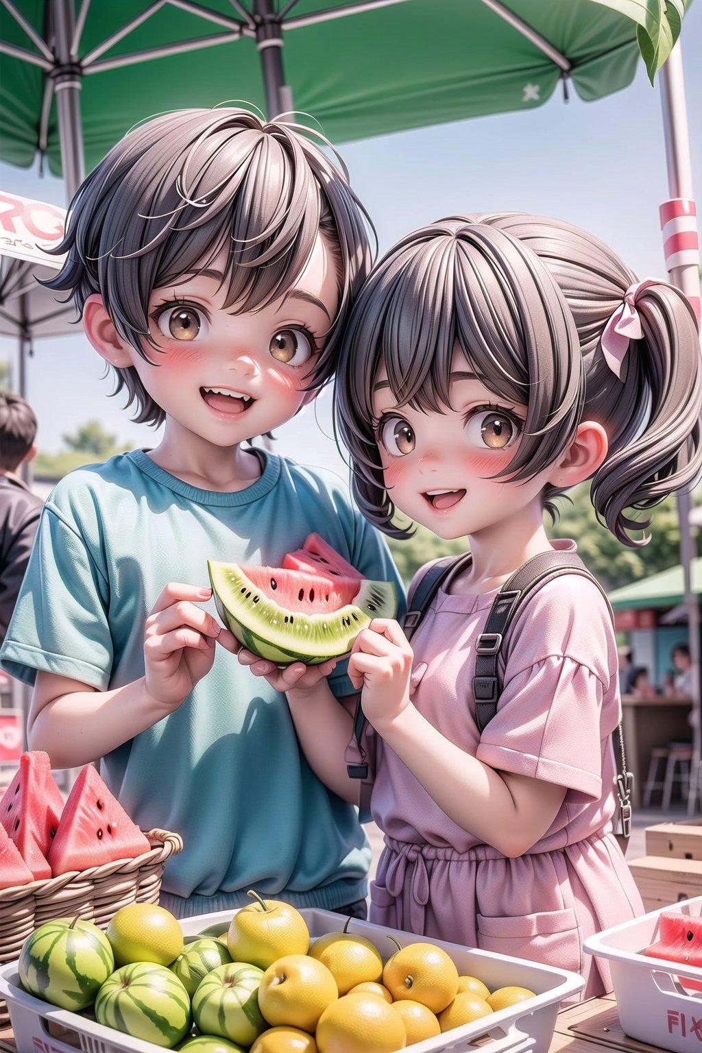 3D, one boy and one girl, brown eyes, brown hair, Korean, create a mischievous image of two children eating watermelon in front of a fruit stand in Shinhae City, happy, smiling, making eye contact with the viewer