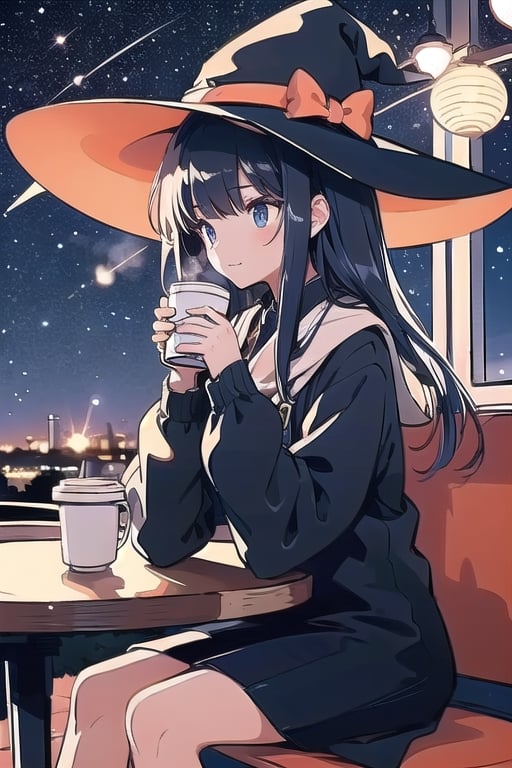 
Amidst the meteor shower on Halloween night, the celestial magic continues as a fox girl, seated alongside the witch-hatted girl, sips on a warm cup of coffee. The starry sky above adds a touch of wonder to her serene moment, enhancing the ambiance of the scene.

As she enjoys her coffee, her graceful presence adds an extra layer of charm to the already captivating night. The meteor shower's beauty is mirrored in her eyes, reflecting both the celestial spectacle and the cozy warmth of the coffee shop experience