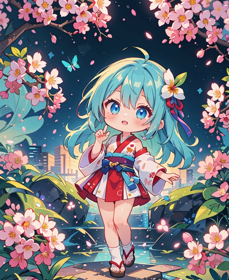 Here’s a refined image prompt based on your description:

"Beautiful chibi girl with blue hair, wearing a detailed red hanfu adorned with intricate jewelry. She holds a branch of blooming cherry blossoms delicately with orchid fingers on her left hand, while lightly pinching her left sleeve with her right hand. The background is an abstract fractal city made of crystals, glowing with light particles. Her eyes are highly detailed, with captivating depth and shine. The scene is a mix of vibrant cherry blossoms and luminous city elements, with a soft aesthetic glow and delicate charm, combining abstract fractal art."