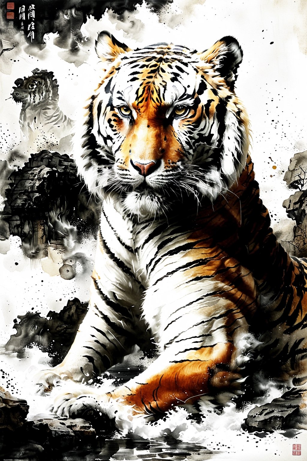 masterpiece, high quality, realistic aesthetic photo ,(HDR:1.2), pore and detailed, intricate detailed, graceful and beautiful textures, RAW photo, 16K,   sharp forcus, vibrant colors, movie Poster,              
ancient ink wash painting, tiger,classical Asian art,Movie Poster,oil painting