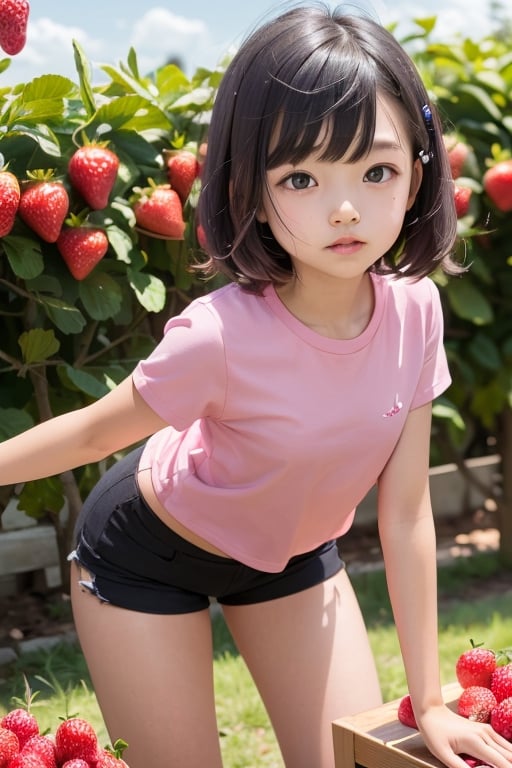 (young girl), (short wavy hair), (pink shirt), (black shorts), leaning forward, arms behind, surrounded by strawberries, 